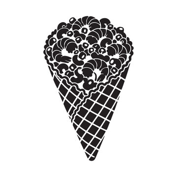 Waffle Cone Dessert Silhouette Vector, Assorted Ice Cream Scoops in Crispy Waffle Cone.
