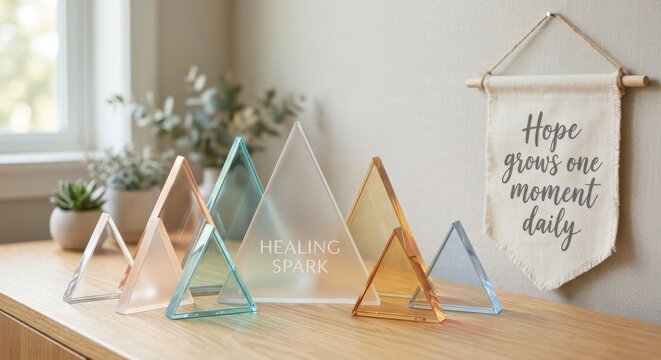Arrangement of Translucent Acrylic Triangles with 'Healing Spark' Inscription
