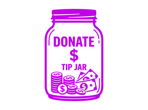 Purple tip jar illustration with coins and dollar bills for donations.