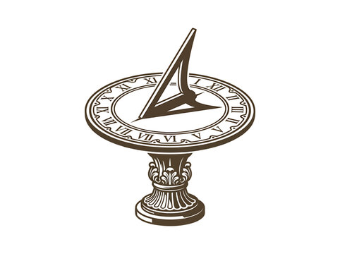 An antique sundial with Roman numerals isolated on a white background.