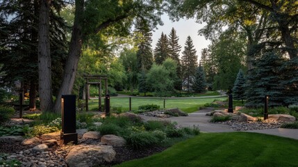 Obraz premium Landscaped garden pathway with lighting among trees and greenery in daylight