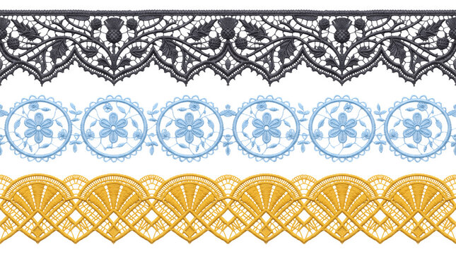 Set of three decorative lace borders with floral and geometric patterns isolated on transparent background
