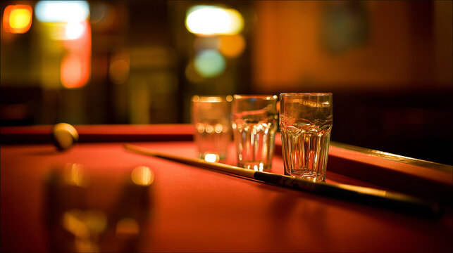 cue. An empty bar table with glassware and a pool cue in warm, dim light. lifestyle magazines, social media lookbooks, designed for influencer and brand collaborations.