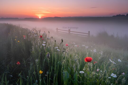 Wildflowers blooming at sunset over calm lake