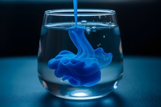 Ice cubes melting in a glass of water with blue light