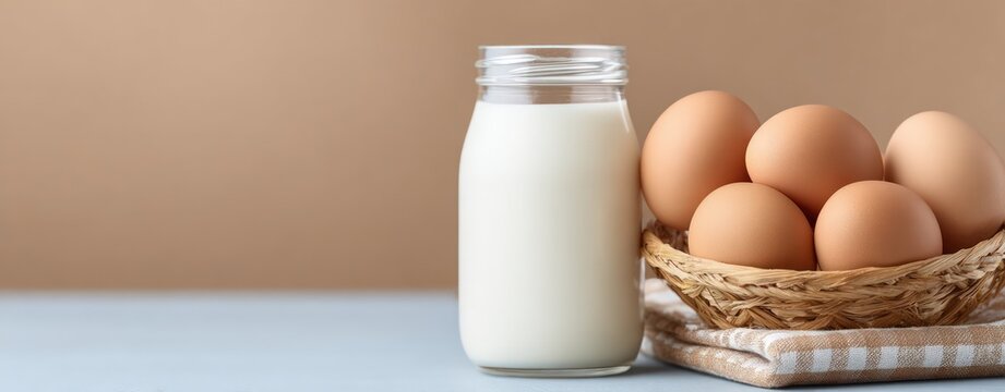 Glass Bottle of Fresh Milk and Brown Chicken Eggs in Wicker Basket with Copy Space for Food Preparation and Rustic Kitchen Culinary Branding