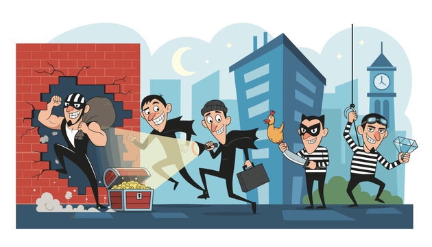 Group of cartoon thieves and burglars performing various stealthy robberies in a city street scene during night.