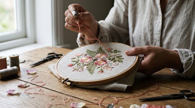 Woman hand embroidering floral pattern hoop in a cozy home setting  