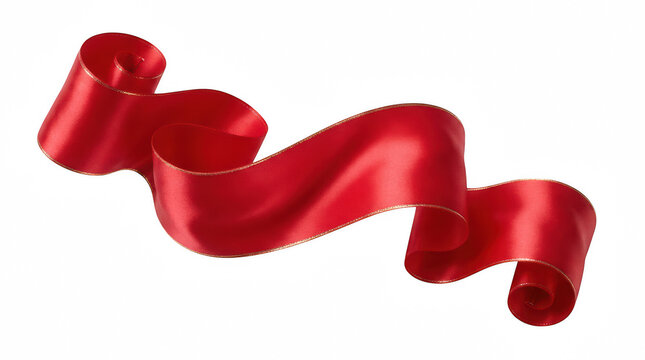Glossy red ribbon waving gracefully with subtle gold trim isolated on transparent background