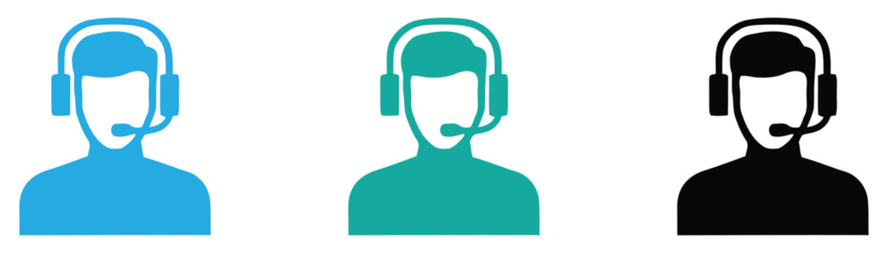 Customer support service call center agent icon vector set featuring professional operators wearing headsets for business communication.