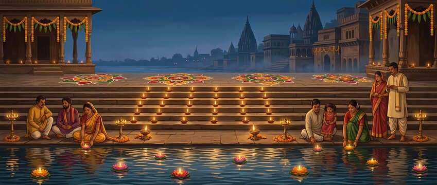 Glowing oil lamps and floral patterns decorating a riverbank during an evening holiday celebration