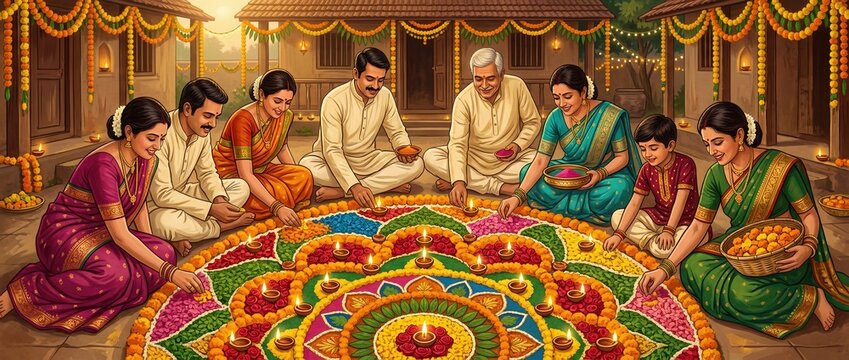 Indian family celebrating autumn festival together by creating colorful floor pattern and burning oil lamps