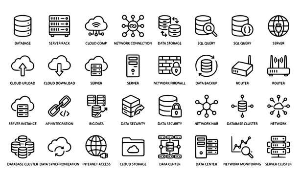 Database and Cloud Network Line Icons Set Editable Stroke Server Storage Data Sync Connection Outline Symbols Vector Illustration