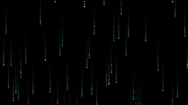 Seamless looping animation of random digital numbers and data falling vertically against a dark black background. Ideal for cybersecurity, hacking, computer programming, fintech, big data, and futuris
