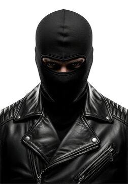 intense, mid-30s man wearing a black tactical balaclava and leather motorcycle jacket, hostile stare in a stark studio with dramatic rim light and deep focus. concept of immediate menace and power