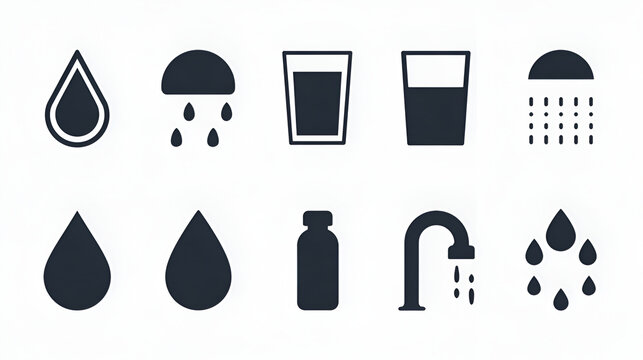 Water solid icon set. liquid drop, rain, glass, shower, drinking supply, hydration and ecology symbols collection vector icons for web UI app. Stock Vector