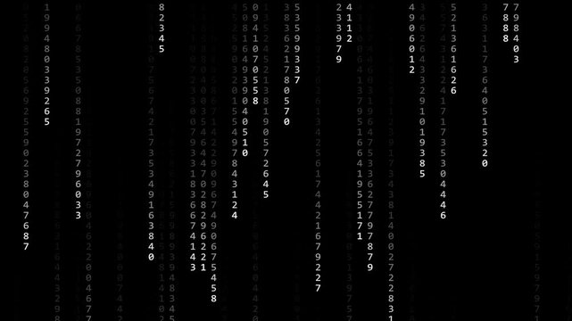 Seamless looping animation of random digital numbers and data falling vertically against a dark black background. Ideal for cybersecurity, hacking, computer programming, fintech, big data, and futuris