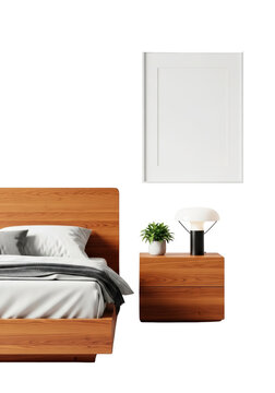 Modern wooden bed with nightstand.