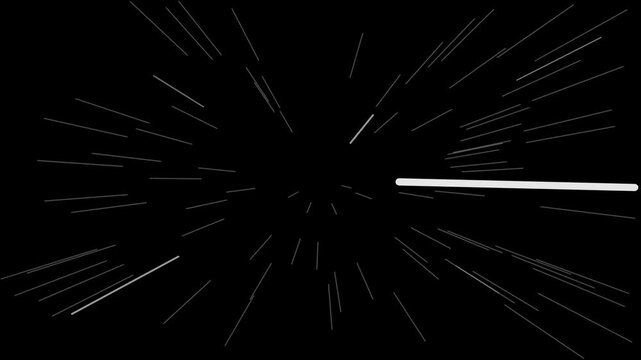 Cinematic visual effect (VFX) footage showcasing a fast-paced hyperspace warp speed jump and cosmic light tunnel through deep space, set against a solid black background