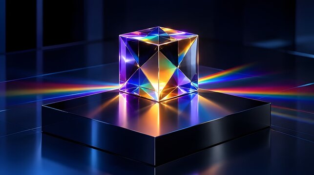 Glass prism cube refracting spectrum of colorful rainbow light rays on dark background concept of physics and optical science