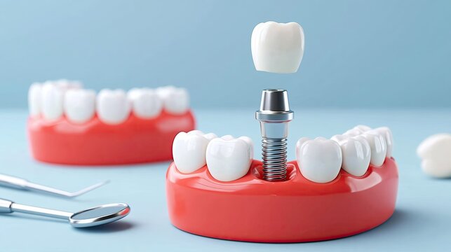 Closeup of dental implant model on blue background, metal implant and white crown floating above red gums, with dentist tools, showing oral restoration concept.