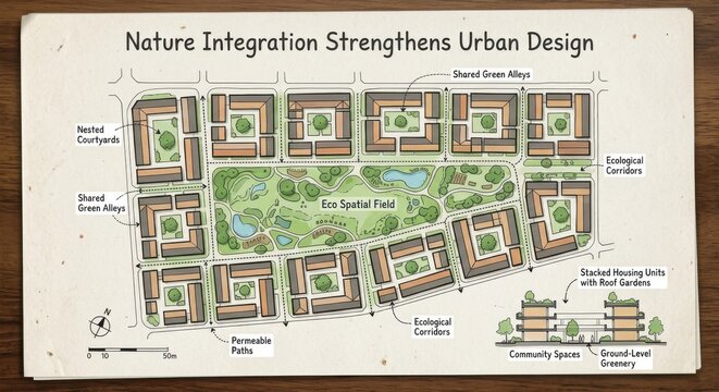 Urban Design Plan Showcasing Integrated Green Housing and Community Spaces