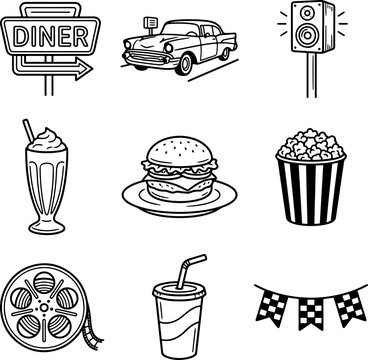 Set of black and white retro diner food and icons