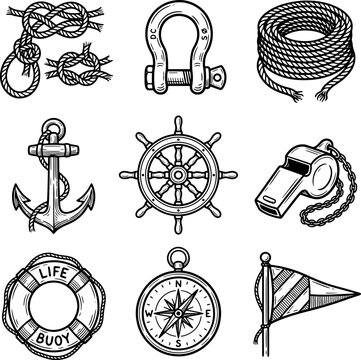 Set of hand drawn nautical and maritime icons