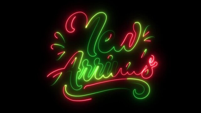 Red and green neon script text New Arrivals glowing on black background sign lettering 4k video.