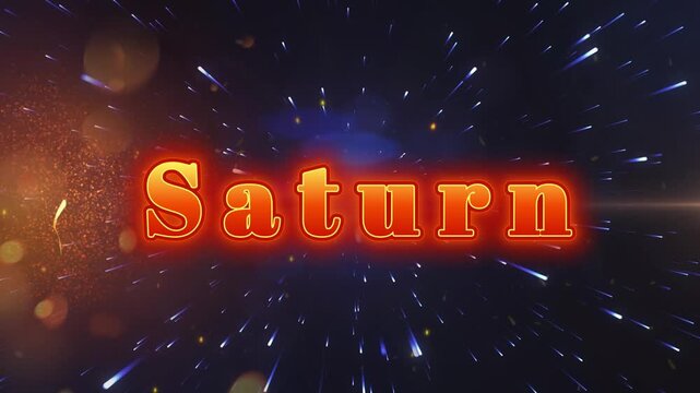 Glowing orange saturn text overlay against a dynamic cosmic background with streaking blue light particles with orange letters centered