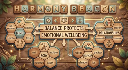 Balance Protects Emotional Wellbeing Wooden Tile Diagram with Icons for Holistic Health