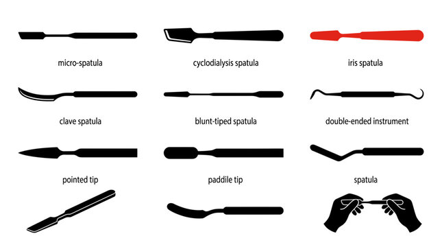 Medical surgical spatula silhouettes and dental instrument icons collection with labels.