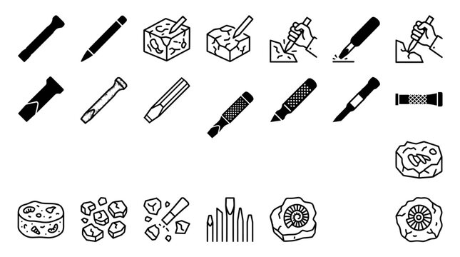 Paleontology and Stonework Icon Set Featuring Fossils, Chisels, and Excavation Tools