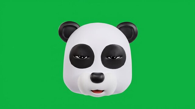 Cute panda cartoon character face isolated on green background, adorable 3D animated wildlife mascot