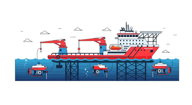 Research Vessel and Submersibles for Deep Sea Exploration Illustration