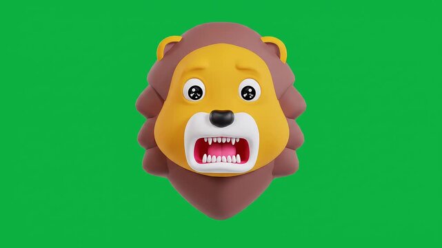 Cute cartoon lion face 3D animated character on green screen background for kids content