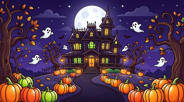 Spooky haunted mansion with glowing pumpkins and flying ghosts under a full moon on a dark night