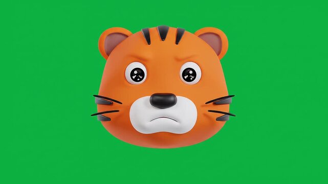Cute tiger cartoon character face isolated on green background, adorable 3D animated animal mascot