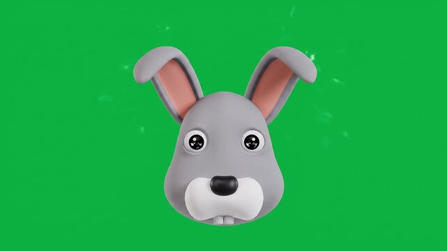 Cute rabbit face cartoon animal character on green background, adorable 3D animated bunny sticker