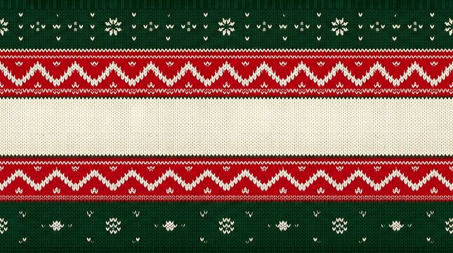 Traditional nordic christmas sweater pattern with red and white geometric designs on green background