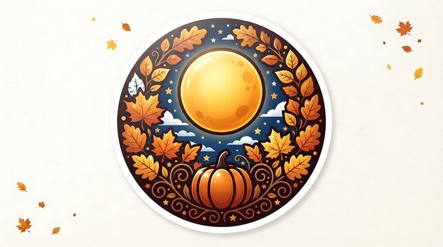 Stained glass style oval illustration featuring a bright full moon pumpkin and vibrant autumn leaves for fall season