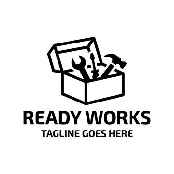 Ready works open toolbox with wrench screwdriver hammer for contractor repair logo design