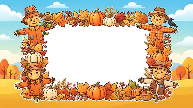 Autumn harvest border frame with cute scarecrows and pumpkins on a scenic fall landscape background