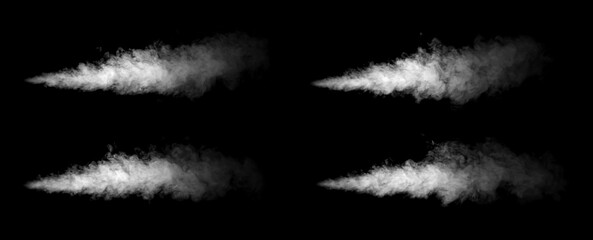 White smoke clouds isolated on a black background, featuring horizontal vapor trails, soft mist, drifting haze, atmospheric texture, fine movement and versatile visual effects for creative design use. © wanchai peatoo