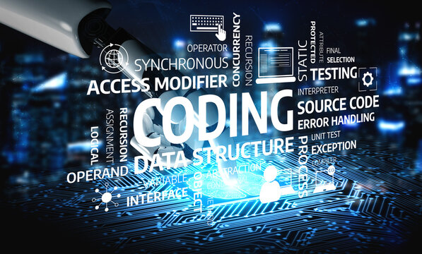 A visually striking representation of a robotic hand surrounded by coding elements, showcasing programming concepts, data structures, and technology on a futuristic background. Tessel