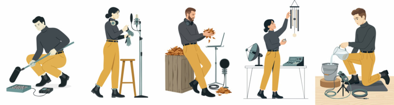 Set of flat vector illustrations depicting foley artists creating sound effects for film, television, and audio production in a studio environment.