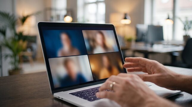 Hands typing on laptop during blurred video conference call.