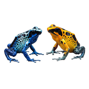 Vibrant blue and yellow poison dart frog couple facing each other, showcasing the brilliant colors of exotic tropical amphibians in nature