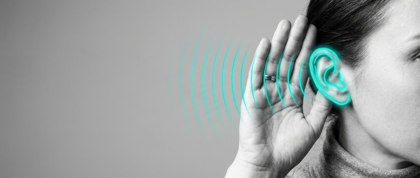 Hearing loss awareness banner featuring a woman cupping her ear with glowing sound waves