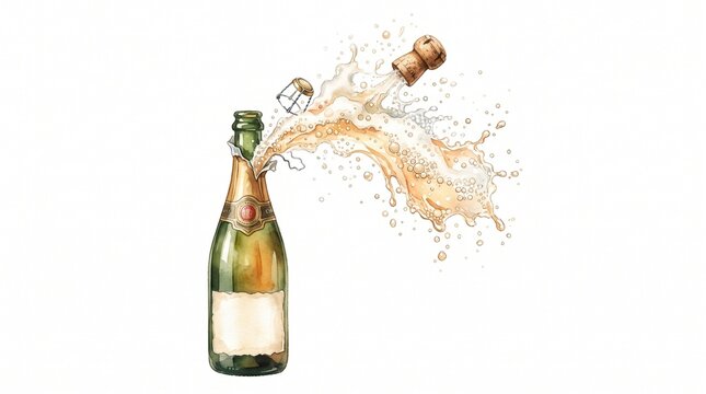 Champagne bottle with cork popping and sparkling liquid splashing isolated on white background